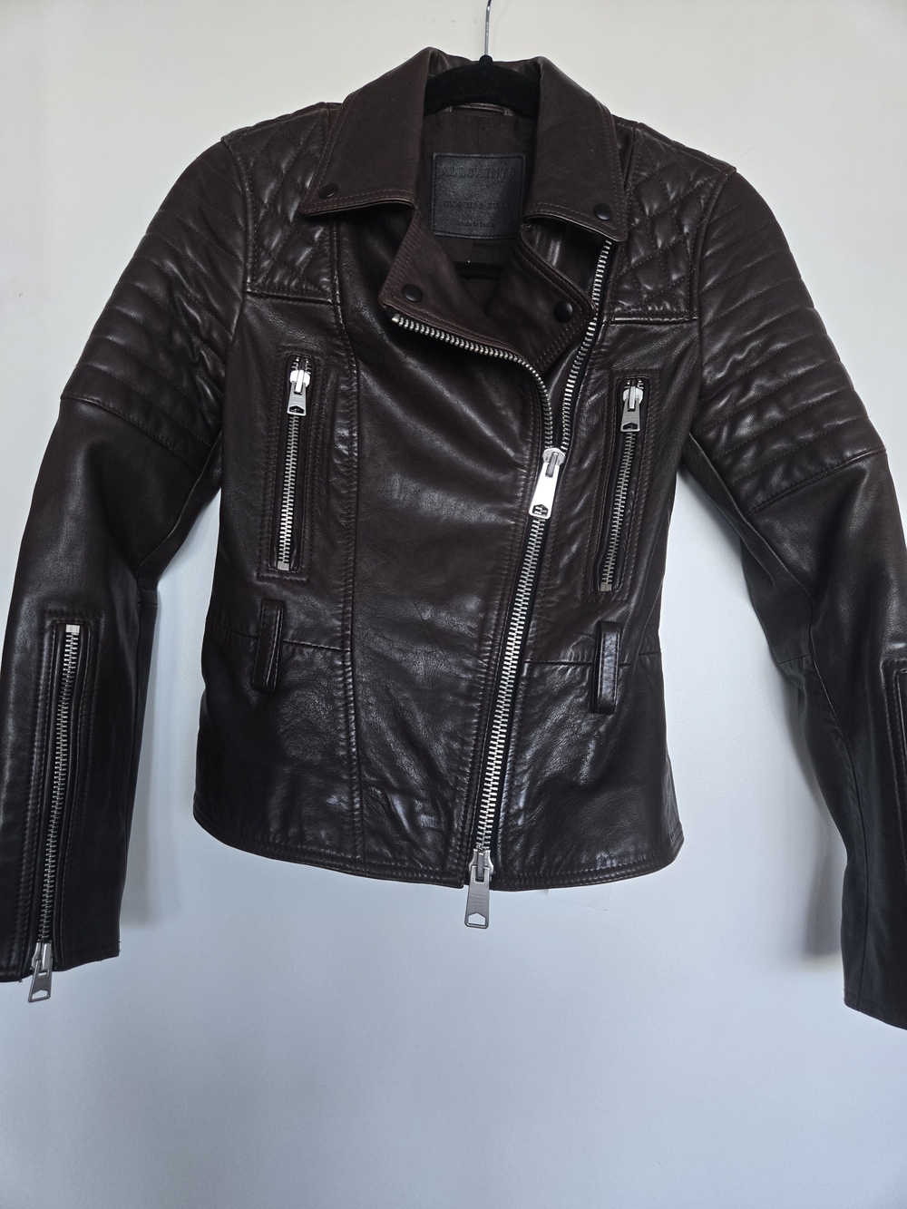 AllSaints Bryden Leather Biker Jacket US 2 UK 6 Brown Quilted Lambskin - Picture 4 of 13
